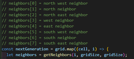 Step 2. Apply a mapping to the current grid, save the result as nextGeneration, and use the getNeighbors helper function to check the neighbors of the current cell