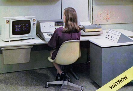 Цветной дисплей, клавиатура терминала, автоматизированный принтер и компьютер Viatron System 21