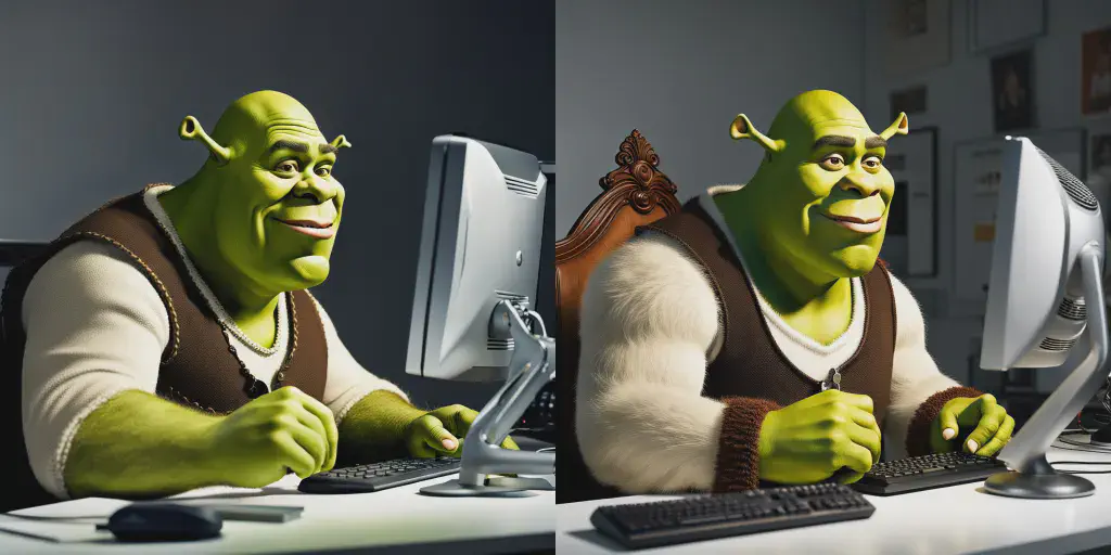 realistic human Shrek blogging at a computer workstation, hyperrealistic award-winning photo for vanity fair - Руки лучше, освещение лучше. Одежда более детализирована, а фон интереснее.