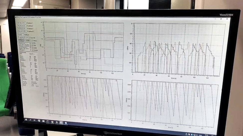Рабочий момент измерений параметров связи «поезд-земля», экран внутри поезда
