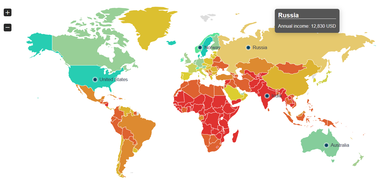 Интерактивная карта оценки среднегодового дохода по странам по данным на 2021 г. Источник - Average income around the world (worlddata.info)   