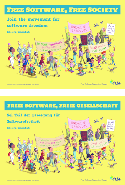 Плакат «Свободное ПО — свободное общество» на немецком и английском языках