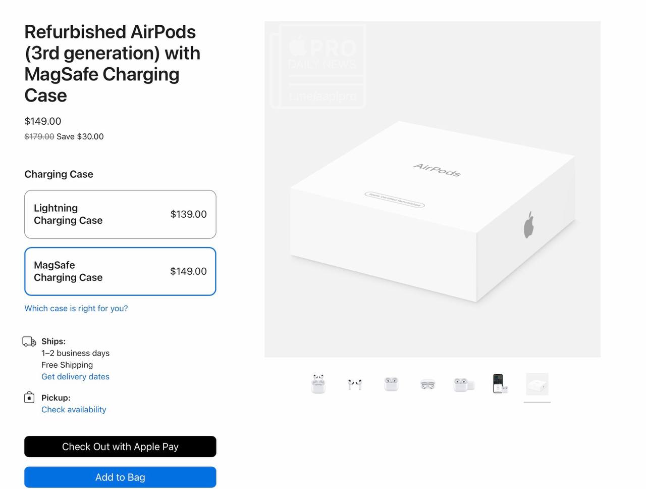 В продаже восстановленные самой Apple наушники AirPods 3 доступны в двух версиях и со скидкой 30 долларов