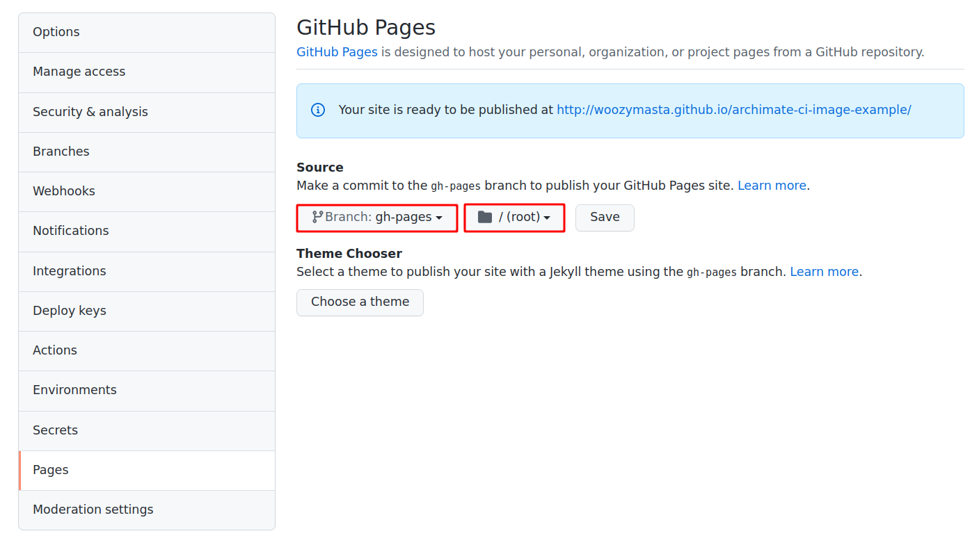 Настройки публикации в GitHub Pages