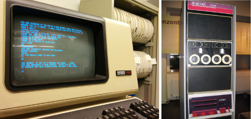Colossal Cave Adventure выведенный на экран PDP–11 (слева), «Микрокомпьютер» PDP-11 (справа)