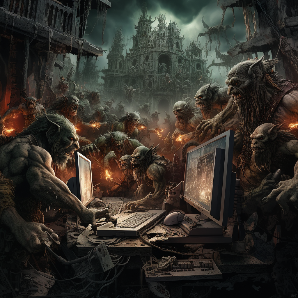 Midjourney: “hordes of orcs are storming the IT infrastructure of Russia”