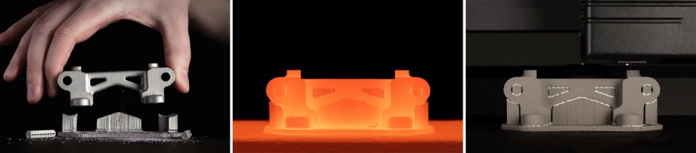 Рис. 9. Этапы изготовления детали методом FDM 3D-печати металлом. Готовая деталь, спекание детали, «сырая деталь»