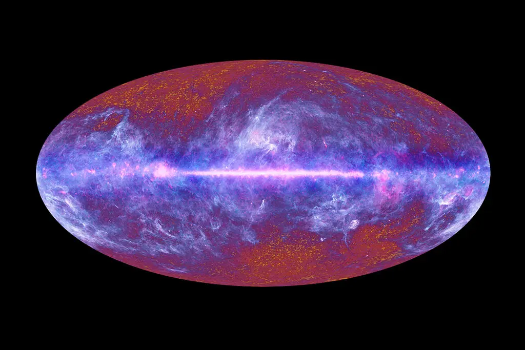 Изображение космического микроволнового фона, полученное на основе данных, собранных спутником Европейского космического агентства Planck в ходе первого всепланетного исследования в 2010 году. ЕКА, консорциумы HFI и LFI