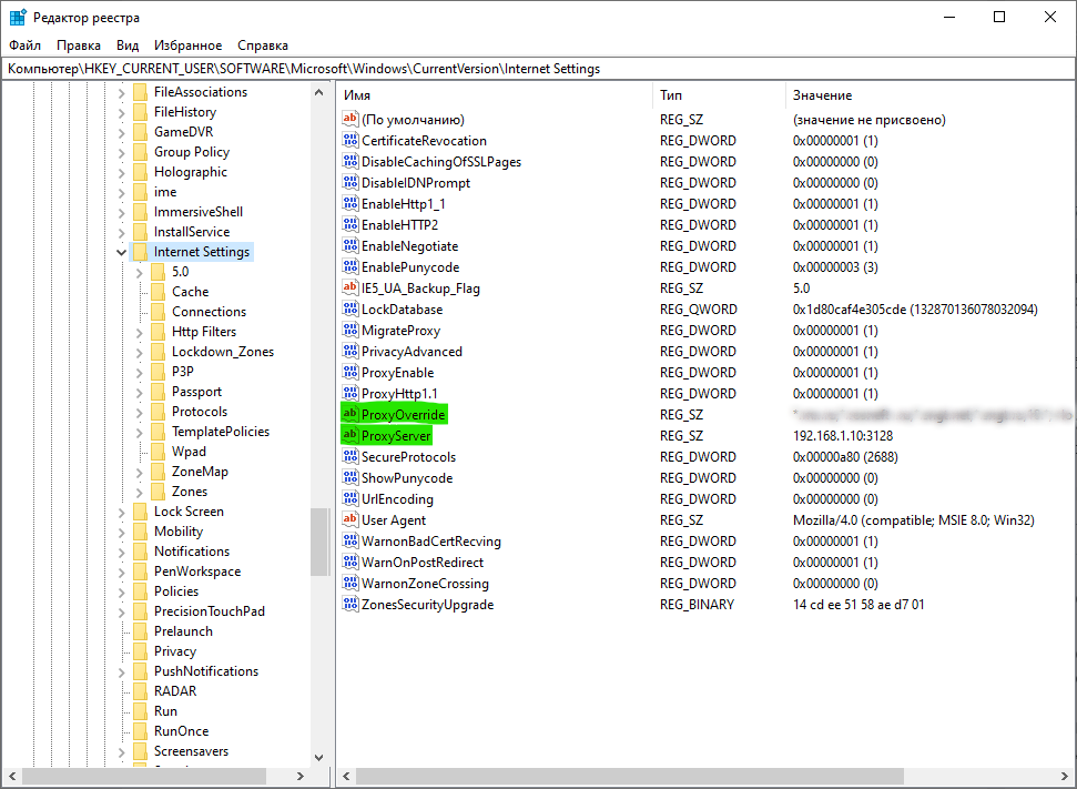 Настройки прокси в реестре Windows. Зеленым выделены основные переменные.
