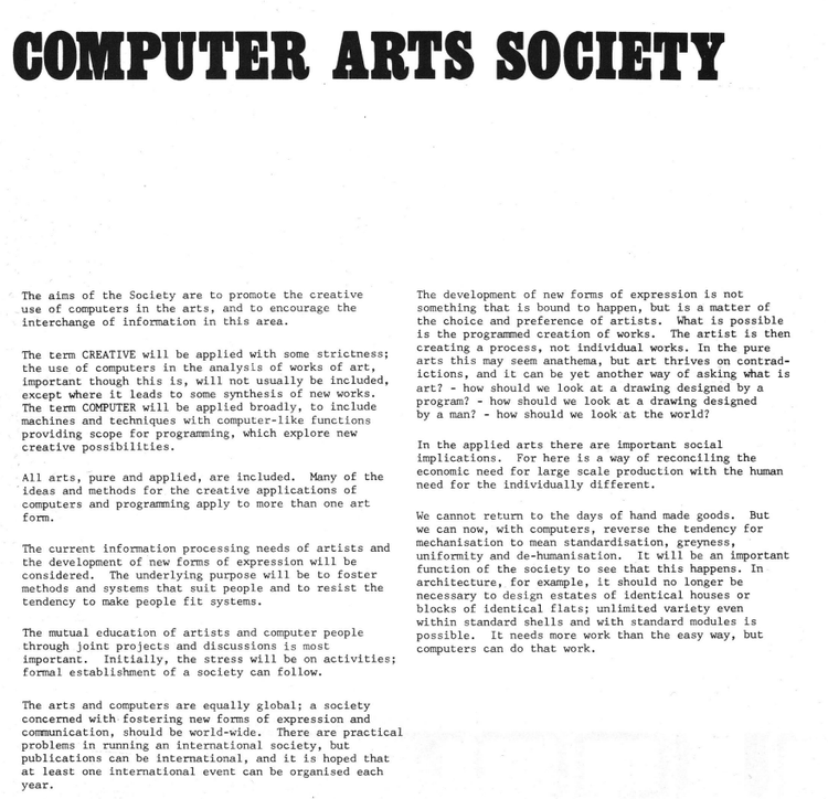 Выдержка из каталога журнала Computer Arts Society Event One, 1969 г. 