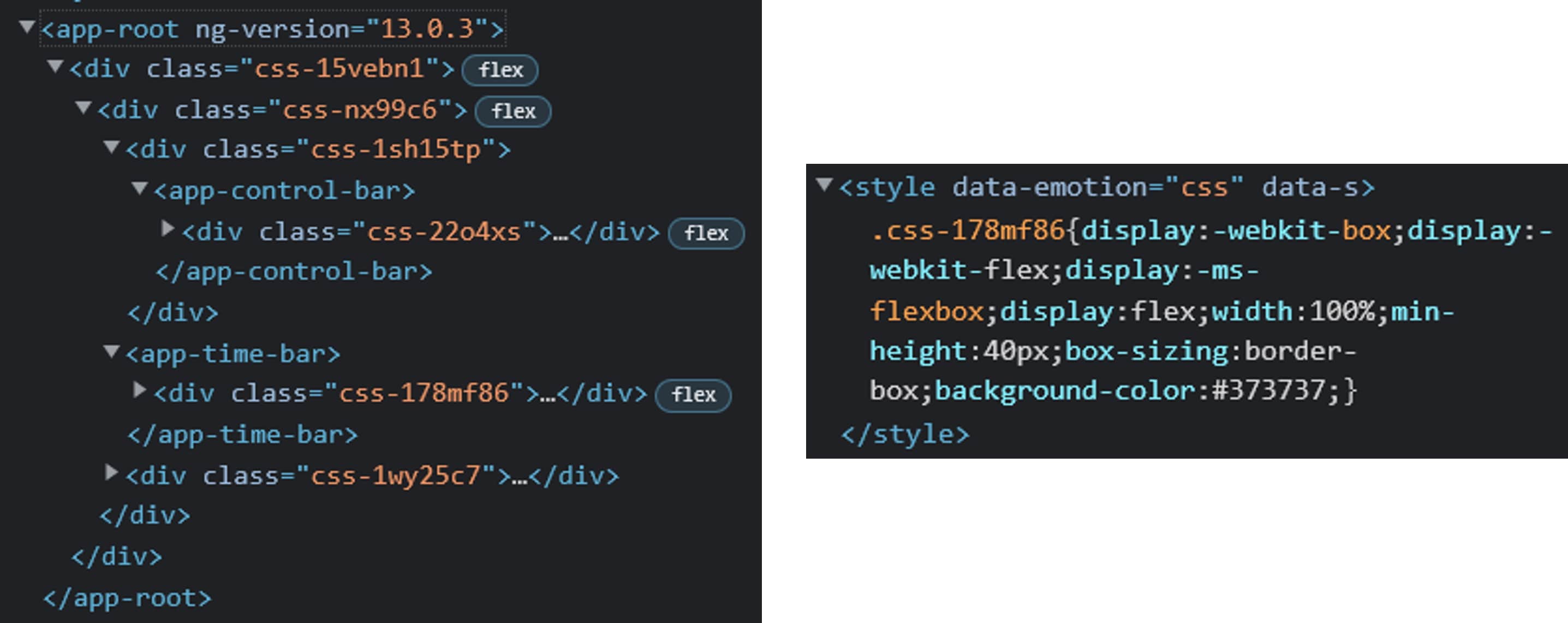 Как выглядят CSS-классы и <style> теги, созданные @emotion/css