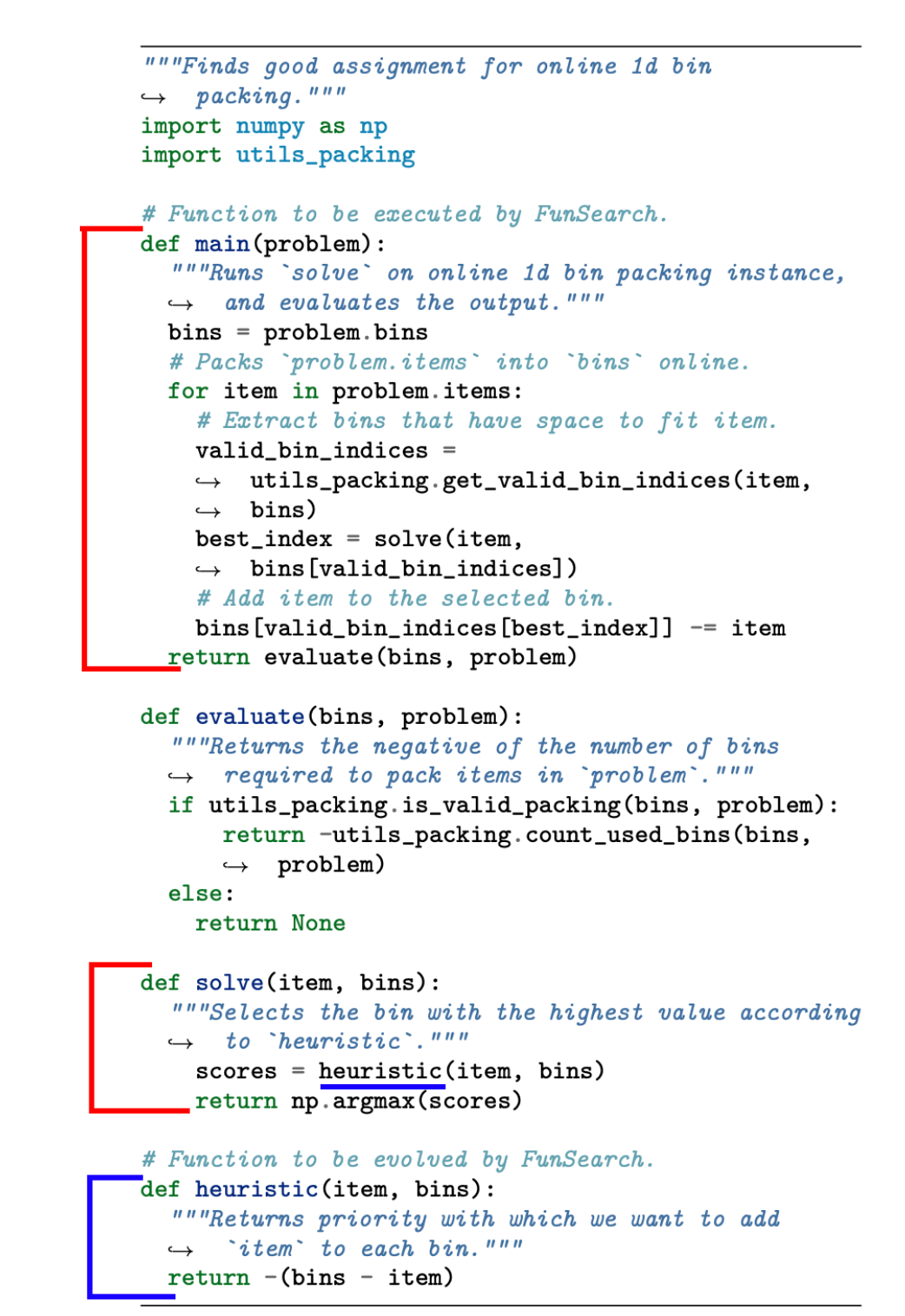 Красная часть кода написана человеком заранее и не меняется в процессе, задача же модели — улучшить эвристику, выделенную синим. Как описано в тексте, эвристика применяется к каждой коробке поочерёдно (синяя черта ближе к концу).