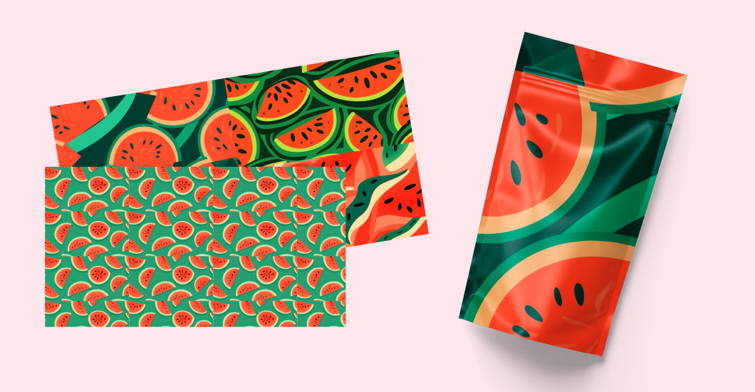 Функция --tile создает изображения, которые можно использовать как повторяющиеся плитки для бесшовных узоров. Prompt: a seamless pattern of watermelon cut into slices, animated gifs style, bold, cartoonish lines, editorial illustrations, orange and green --tile