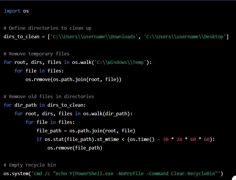 Базовый сценарий Python, который использует модуль os для автоматизации некоторых распространенных задач по очистке