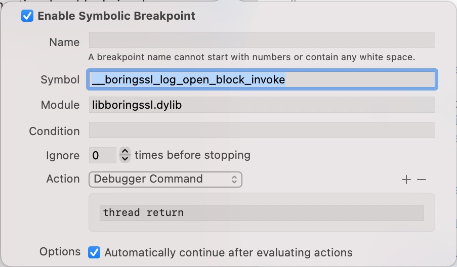 breakpoint to disable logging from boringssl