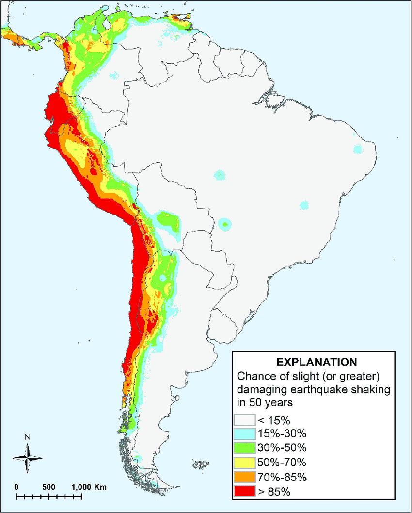 Как видим, запад Южной Америки значительно более опасен в плане землетрясений, чем восток