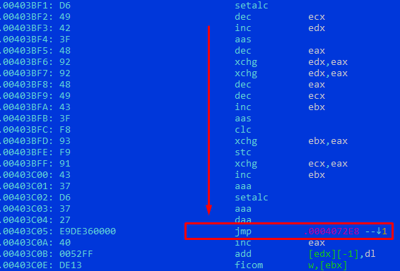 Рисунок 17. Фрагмент кода около точки входа PE-файла, SHA256: f89c96a960cef5b5f767990cd990c5a7a55bdf11f8320263ad4eedbe16ba5ec4