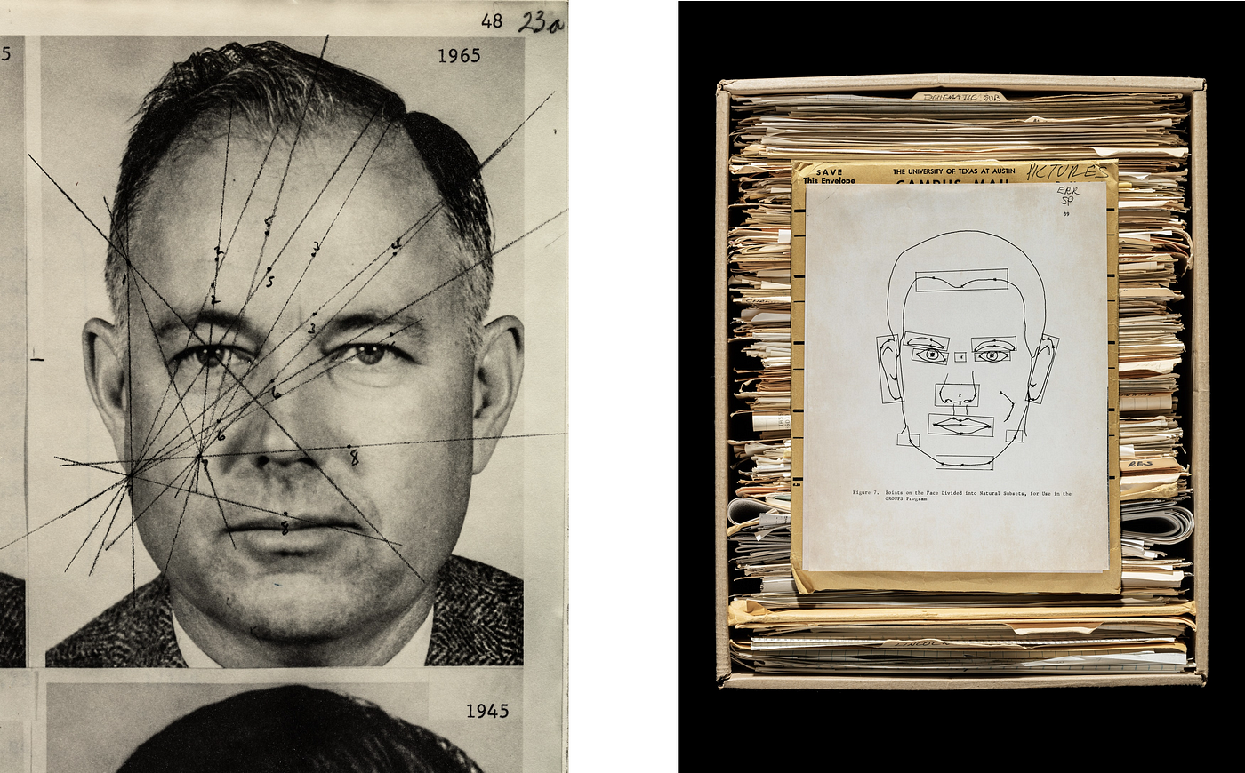 Пример специальной ручной разметки на фотографии Вуди Бледсо. Слева можно наблюдать рисованный макет его лица, необходимый для тестирования системы.