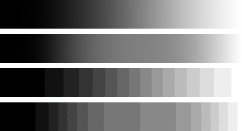 Сверху вниз: градиент от черного до белого с глубиной цвета 8 бит, тот же градиент, «растянутый» посередине, и то же самое, но с глубиной цвета 4 бита.