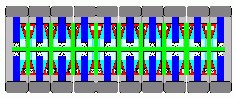 Разрез катка вдоль. Зелёное — ось, показана в несколько укороченном виде (без левого и правого концов, сидящих в подшипниках подвески).