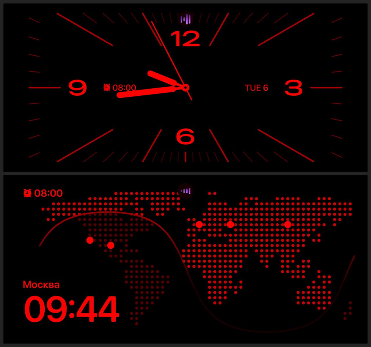 Часы, фото и виджеты можно отображать в оттенках красного при низкой освещенности, включив Ночной режим.