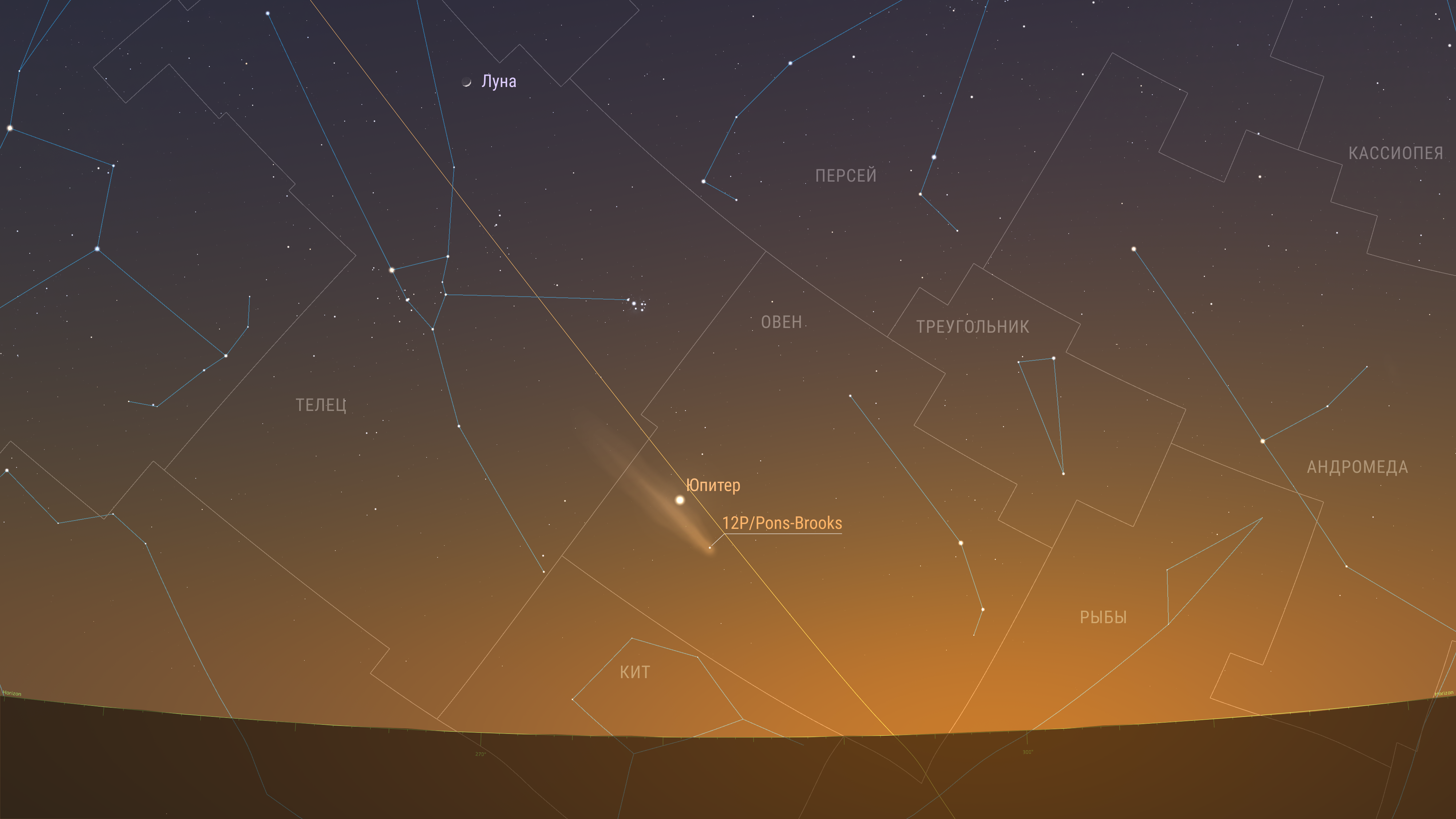 Комета продолжает движение по созвездию Овна и постепенно сближается с Юпитером. Предполагаемая звездная величина 3,80m. Элонгация 23 градуса.  