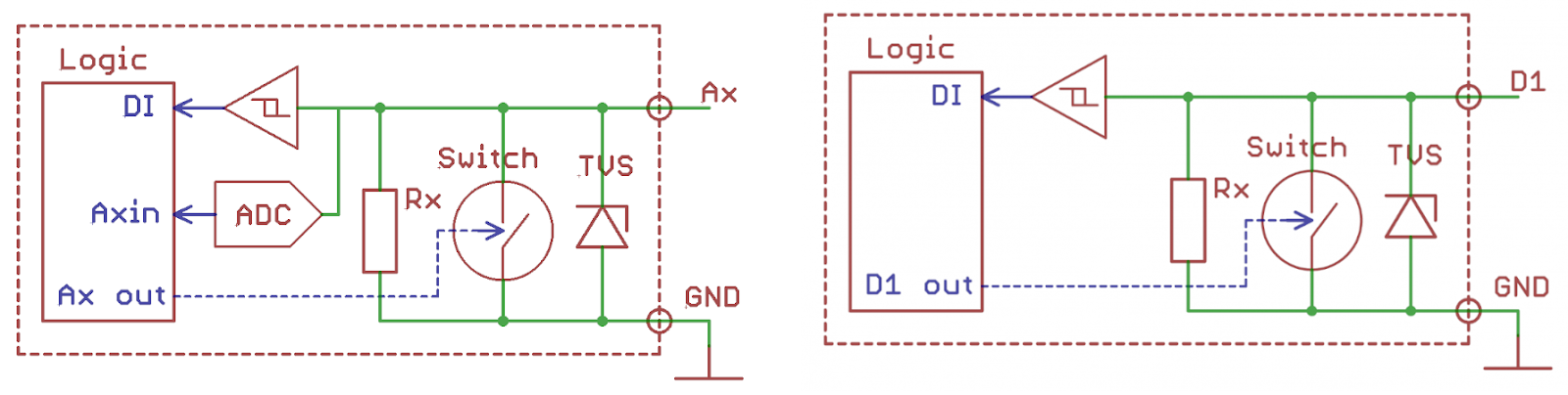 Схемотехника универсальных входов контроллера Ax и D1 в ревизиях 7.2…7.3