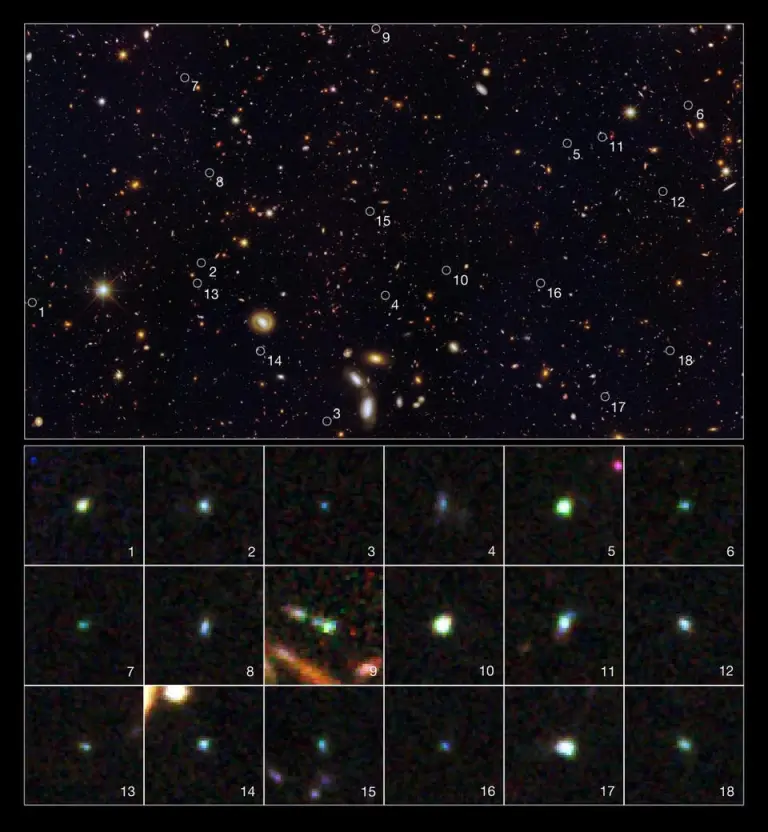 Эта область космоса, сфотографированная обсерваторией GOODS-South, содержит 18 галактик, образующих звезды так быстро, что количество звезд внутри удвоится всего за 10 миллионов лет (всего 0,1% времени существования Вселенной). Самые глубокие кадры Вселенной, полученные Хабблом, возвращают нас в раннюю историю нашего мира, где звездообразование происходило намного активнее. Но в то же время большинства этих звезд уже не существует...