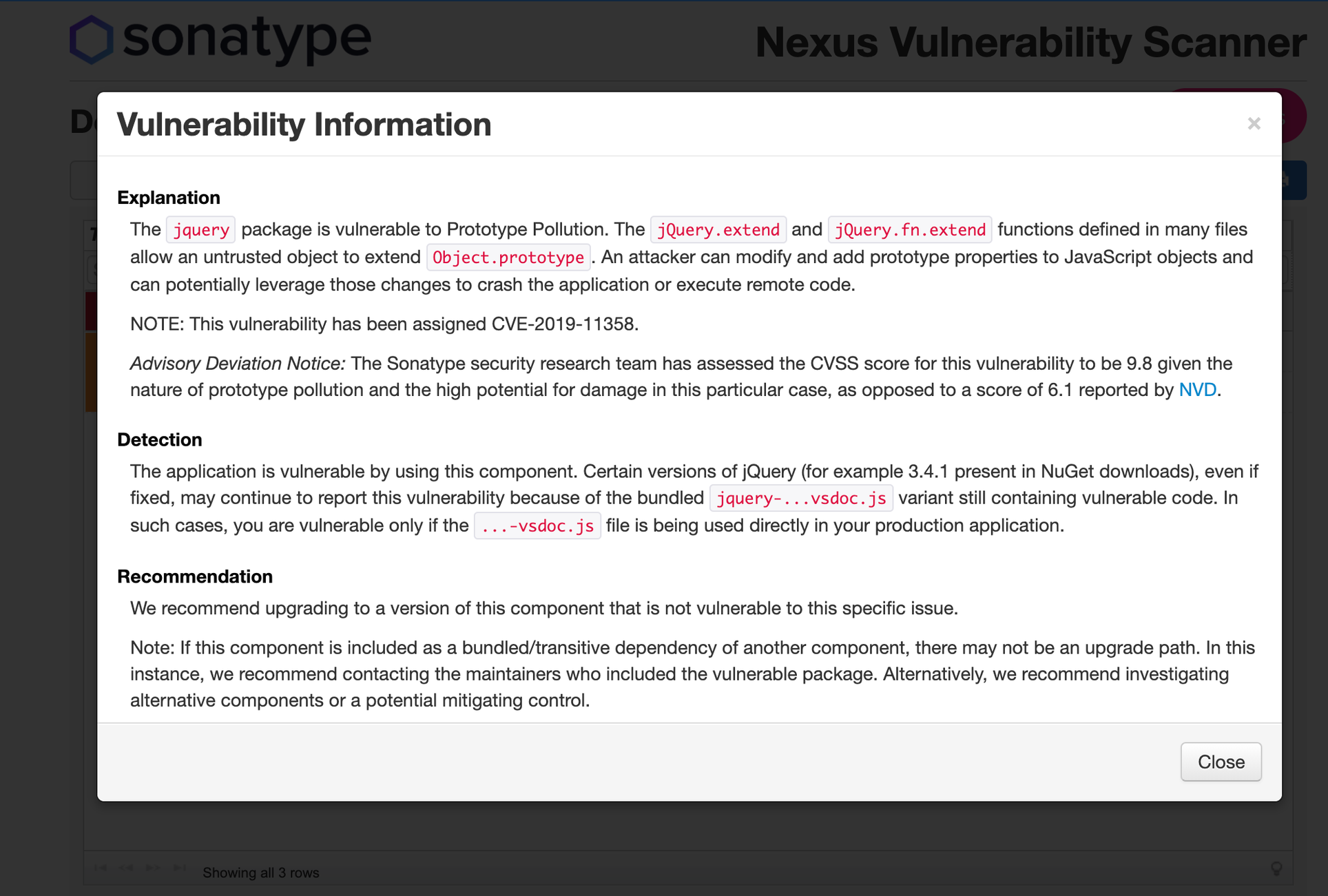 Скриншот из отчета Nexus Vulnerability Scanner