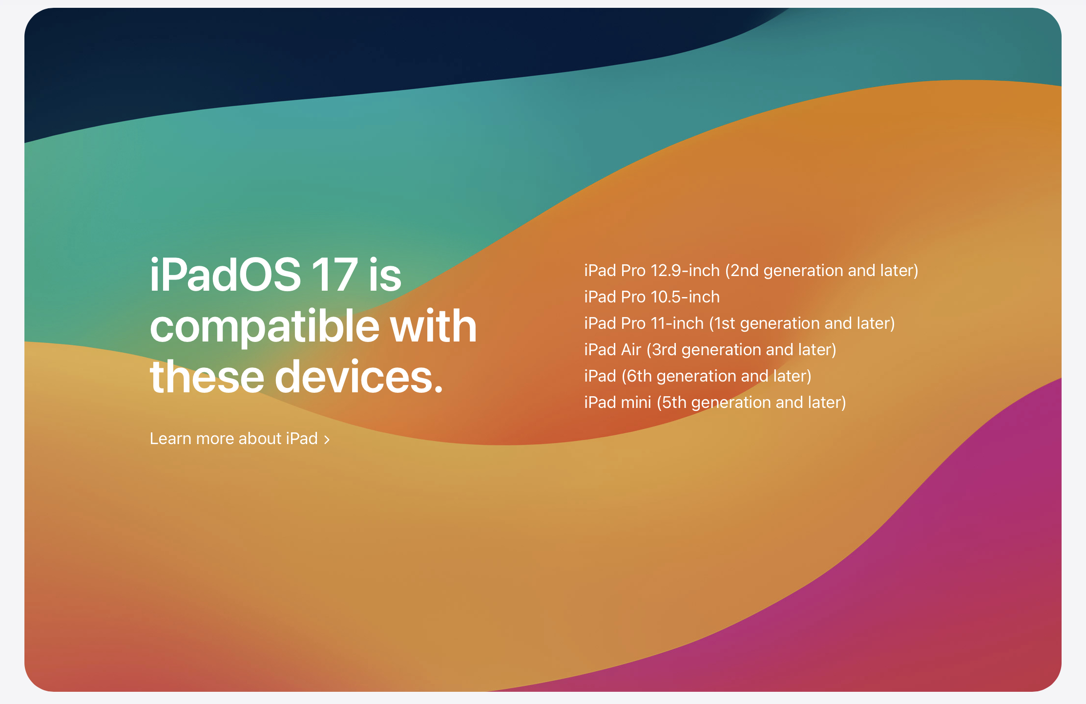 iPadOS доступна на iPad 6 и новее, iPad mini 5 и новее, iPad Air 3 и новее и все iPad Pro.