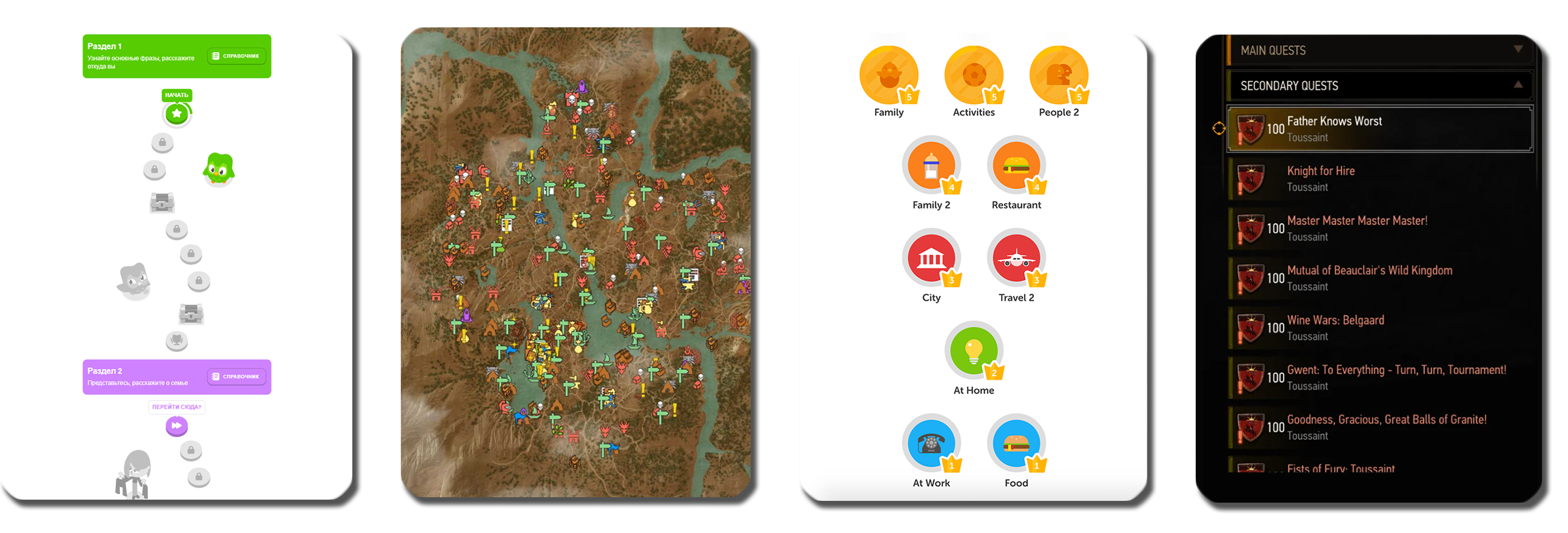  Сюжетная карта и доступные квесты в Duolingo и Ведьмаке
