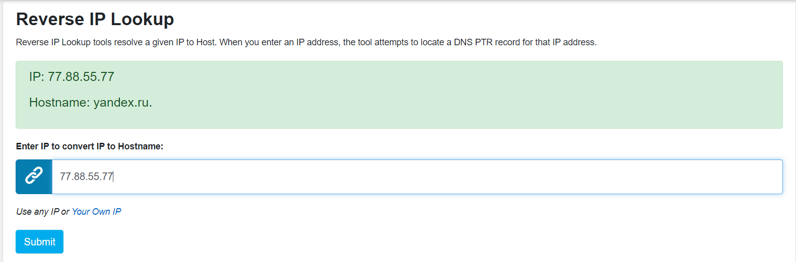 dnschecker.org — проведение Reverse DNS lookup для IP-адреса 77.88.55.77