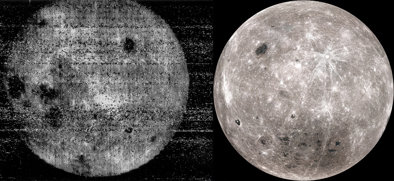 Фото обратной стороны луны: слева аппаратом Луна-3 в 1959, справа станцией Lunar Reconnaissance Orbiter в 2014 году