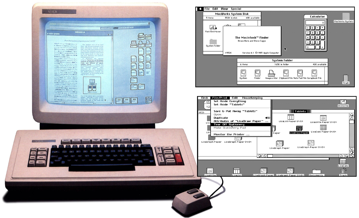 Xerox Star(слева), Apple Lisa (справа сверху), Apple Macintosh (справа снизу). // Источник: medium.com
