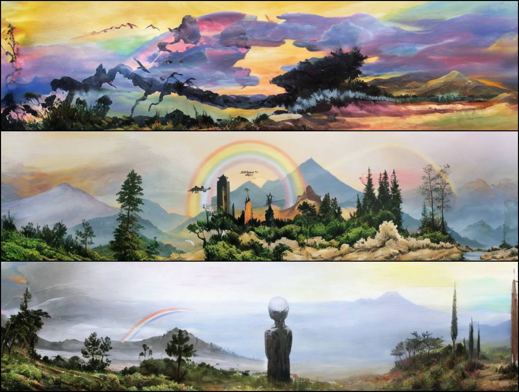 Запрос: «Холст картина маслом горы радуга инопланетный пейзаж бежевый фон», Kandinsky 