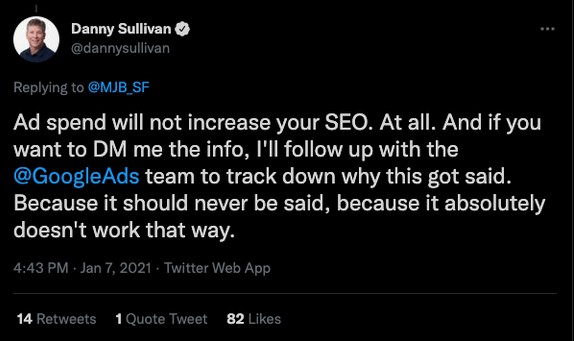 Google Ads Твит от Дэнни Салливана