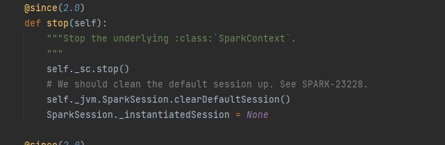 Рисунок 9. Фрагмент исходного кода метода stop() класса SparkSession в PySpark.