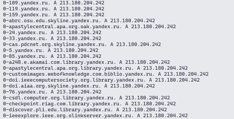Результат резолвинга поддоменов утилитой massdns для домена yandex.ru