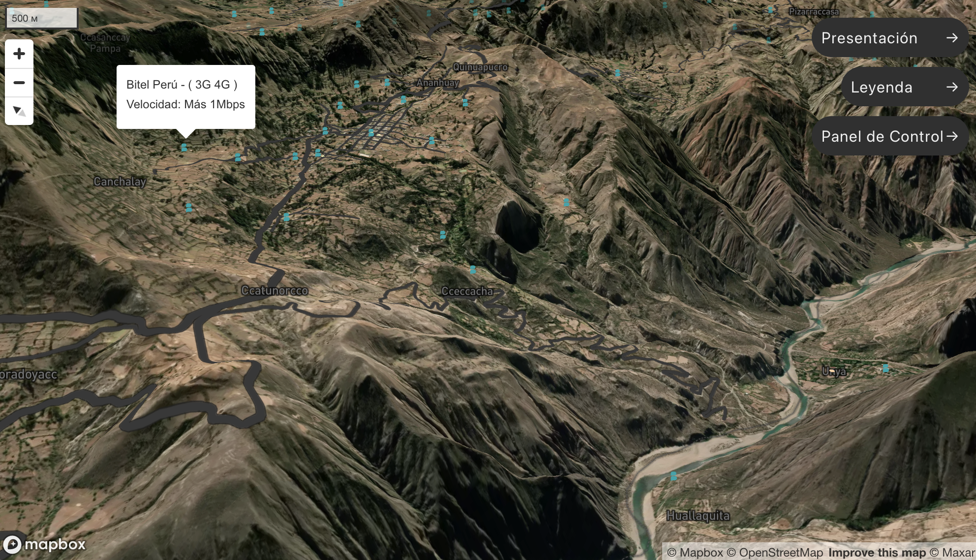 Карта расположения сотовых вышех к Аякучо, Перу