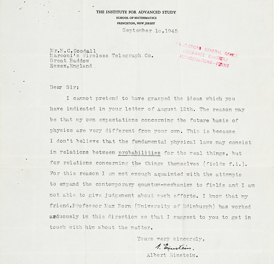 Письмо Эйнштейна Максу Борну с критикой квантовой механики 1945 года