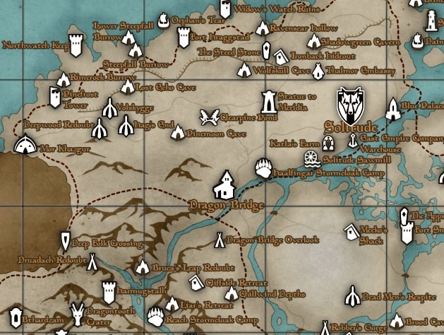 На карте игрового мира Skyrim видны зоны, куда новичку лучше не заходить