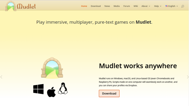Домашняя страница Mudlet с вариантами загрузки для Windows, Mac и Linux.