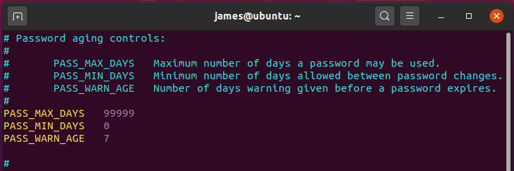 Ubuntu default password lifetime settings (/etc/login.defs file).  Source: linuxtechi