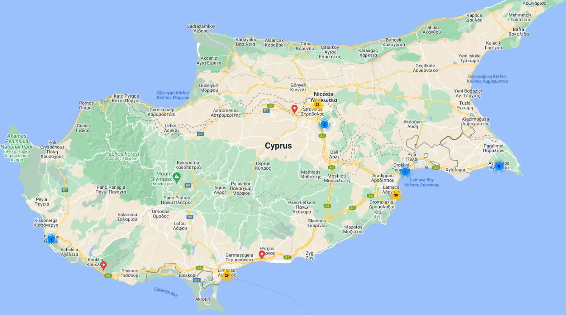 Карта Кипра с "рабочими местами" для цифровых кочевников