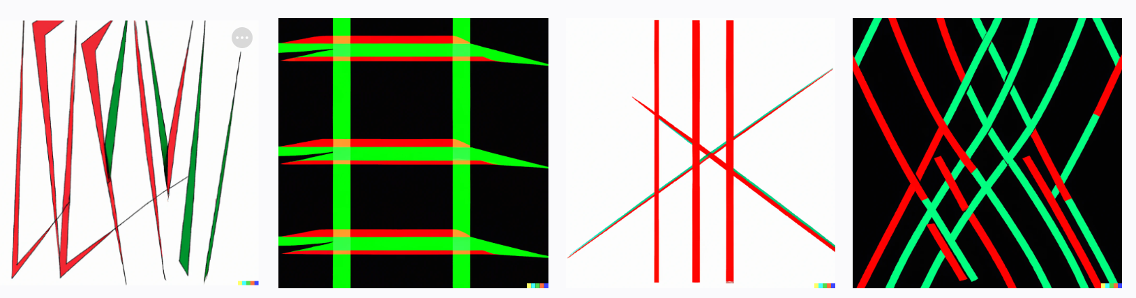 Seven red straight lines perpendicular to each other, two red, two green, three transparent and one in the shape of a kitten, digital art