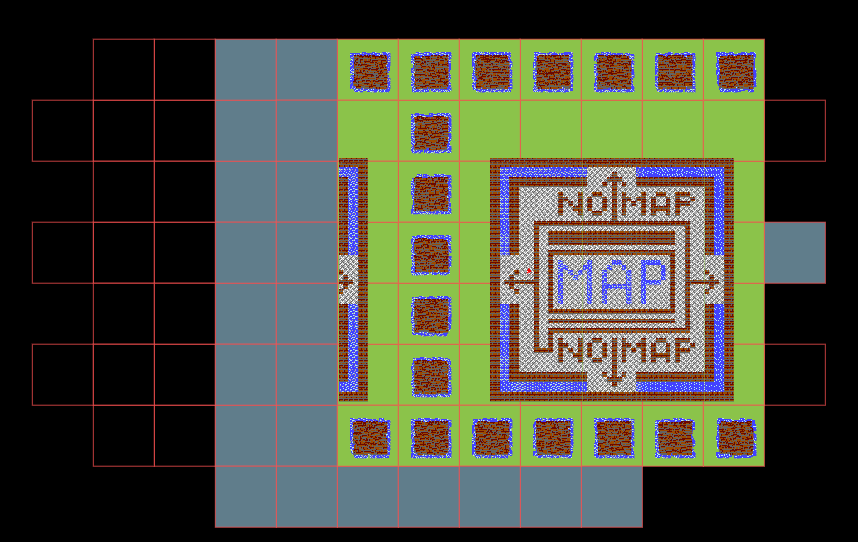 Две карты загружены из Tiled, пространство между ними заполнено процедурно сгенерированными компонентами. 