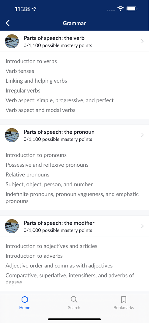 Этот курс грамматики английского языка в приложении Khan Academy позволяет пользователям выбирать, хотят ли они начать с глагола, местоимения или модификатора