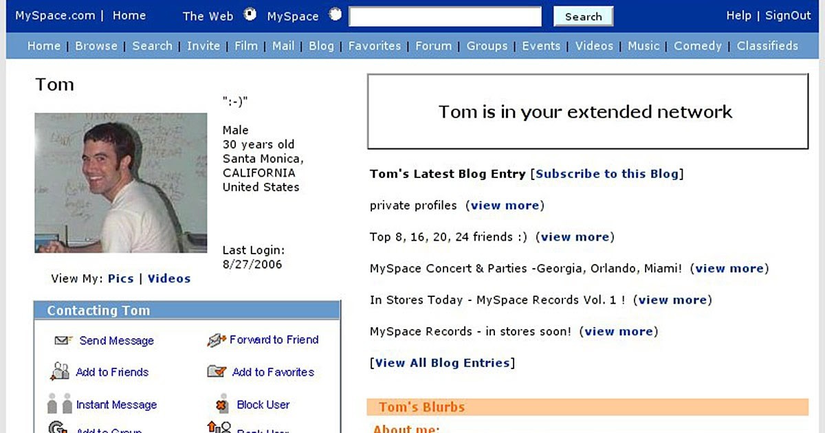 Страница MySpace Тома Андерсона, соучредителя одной из первых компаний Web 2.0. Том был вашим первым собеседником, когда вы зарегистрировали аккаунт на MySpace.