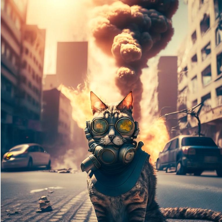 @DeemChan: кот Шрёдингера в противогазе на улице солнечного города накрытого ядерным взрывом, глянцевое фото