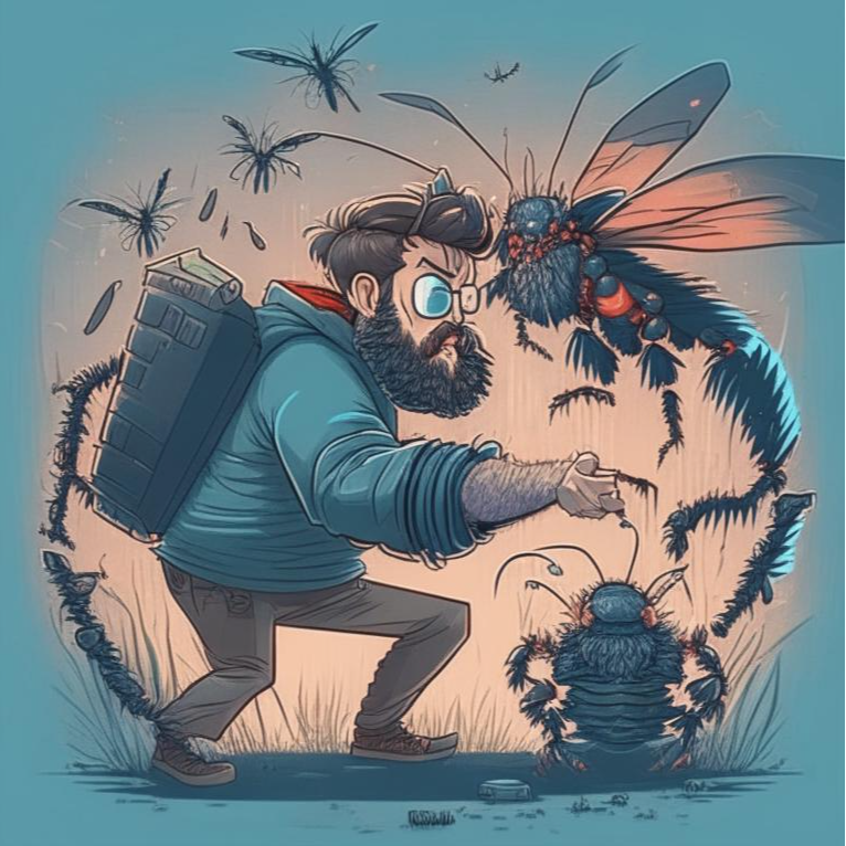Промт: Программист с бородой сражается с большими жуками. Стиль: аниме